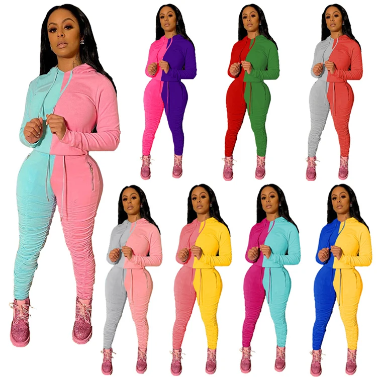 

M0457 patchwork hoodie with stacked pants 2 piece set fitness fall clothing for women, Picture