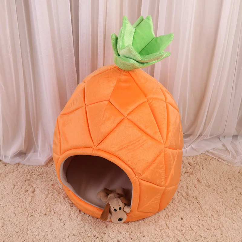 

Pet dog cat pineapple house kennel winter warm mattress large space cave removable and washable bed