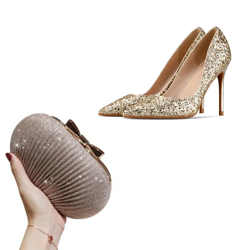 

Goxeou High Quality Fashion Shoes And Matching Bag Set Silver Gold Black Fancy Bling Shiny Sexy Luxury High Heels Handbags Sets