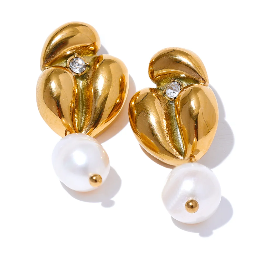 

JINYOU 2583 Luxury Natural Freshwater Pearl Drop Stainless Steel Flower Cast Earrings Stylish Gold Waterproof Daily Jewelry Gift