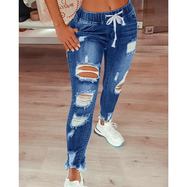 

New Arrivals Fashion Pantalones Skinny Light Blue Denim Pants Ripped Distressed Women's Jeans, As pictures