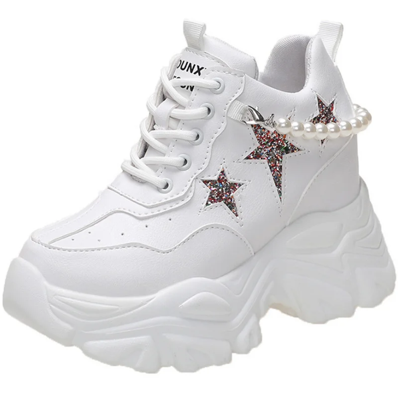 

Custom Logo New Fashion Design Chunky Sneakers with Rhinestone Pearl Casual Shoes