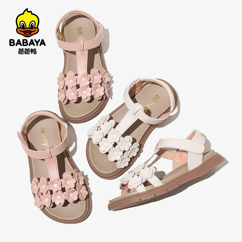 

36322 HUANQIU BABAYA Mosaic floret pattern fashion girl kids sandals for daily, Pink/white