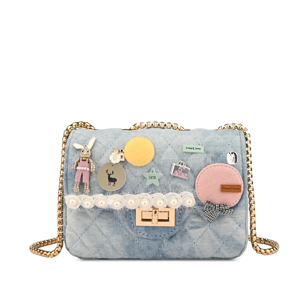 

2021 fashion luxury chain mini clutch bags women shoulder handbag ladies handmade blue denim handbags with pearl, 3colors