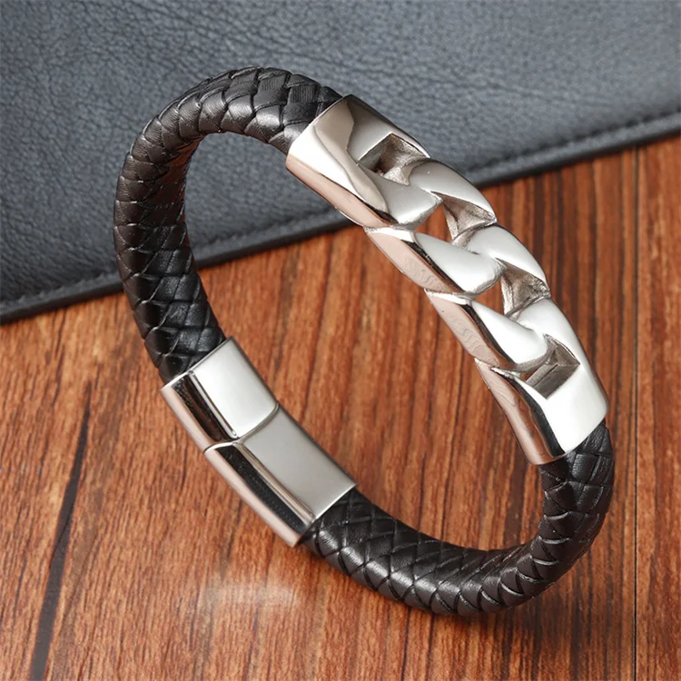 

Wholesale Stainless Steel Cuban Chain Leather Braided Bracelet Classical Leather Bracelet For Man