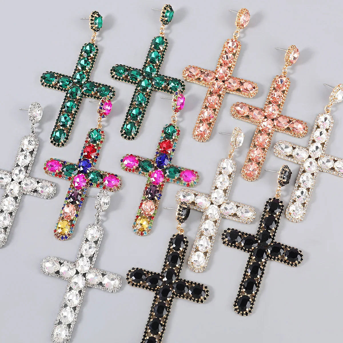 

2022 Trendy Jewelry Luxury Religious Green Black Pink Western Women Bling Rhinestone Cross Stud Dangle Earrings, Green, black, rainbow, gold, rose gold, silver