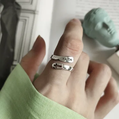 

Hot Sale Simple Sterling Silver Alphabets Open Ring Silver Hollow Cross FAITH Letters Adjustable Rings For Unisex
