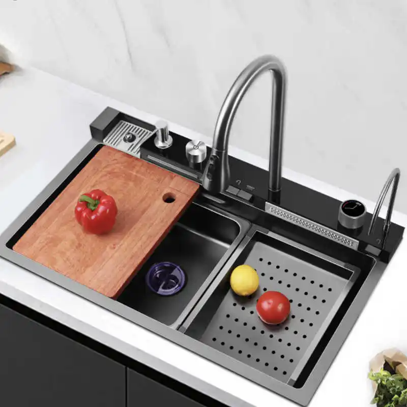 

MCBKRPDIO Black SUS Smart Kitchen Sink Hand Made Kitchen Sink Waterfall Kitchen Sink Nano Stainless Steel Graphic Design Square