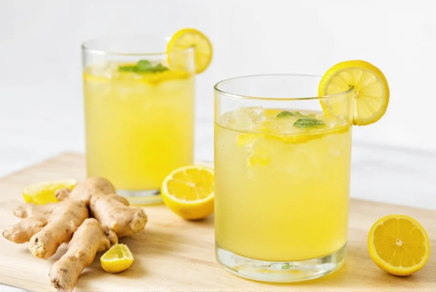 Glass of ginger lemon water with fresh ginger slices and lemon wedge on wooden table