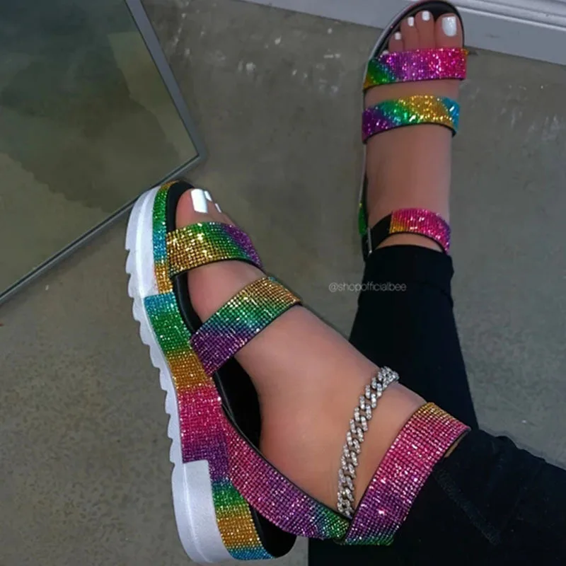 

pretty blingbling fashion colourful slip on slippers summer casual shoes platform sandals outside lady slippers