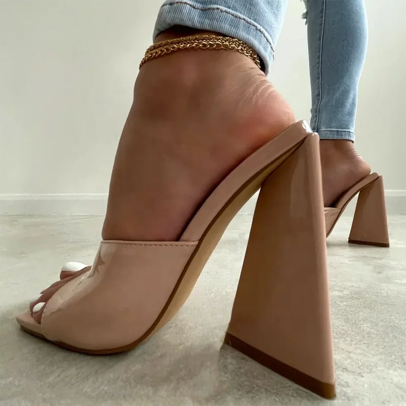 

Luxury leather chunky high heel fashion mules women square peep toe heels sandals