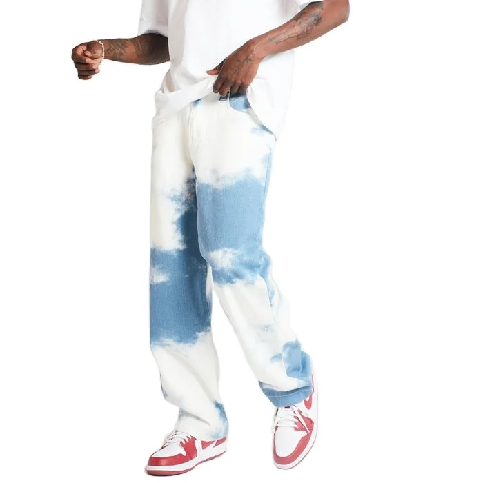 

Loose White And Blue Tie-Dye Baggy Jeans Tapered Mens Designer Jeans Fashion Loose Jeans