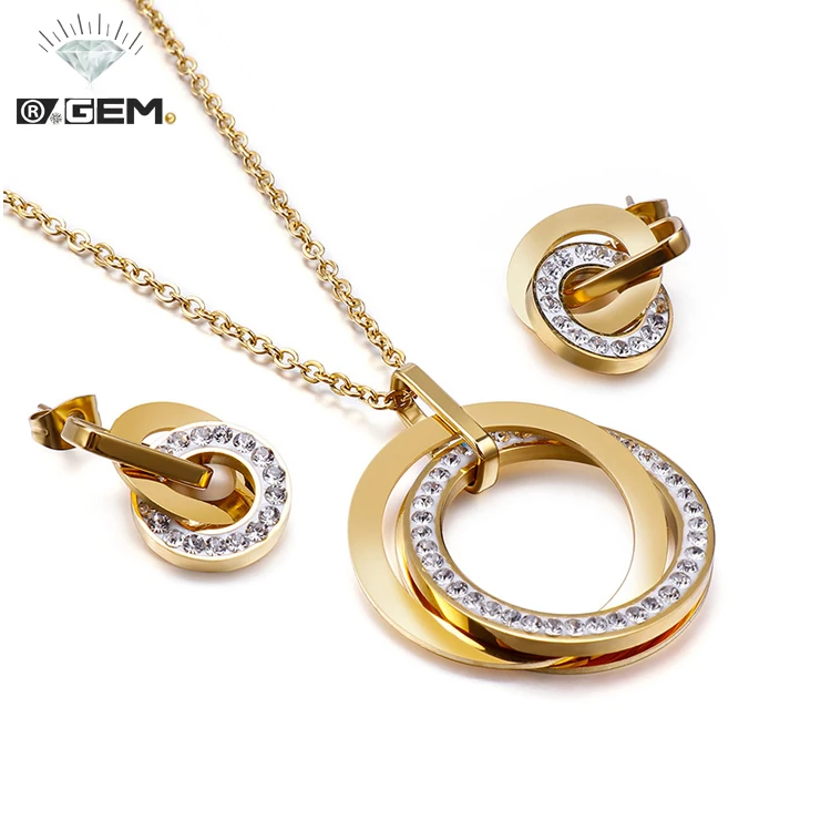 

R.GEM. Real Gold Vacuum Plated Lasting Color Retentio Stainless Steel Rhinestone Wedding Jewelry Set for Sensitive Ears, Golden, steel color