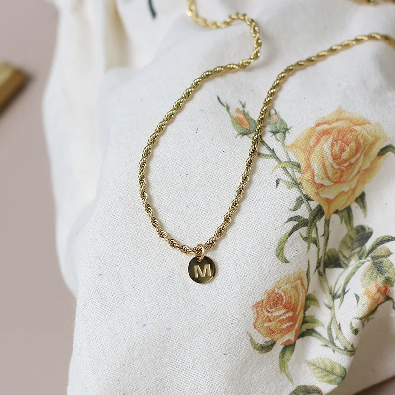

Twist Thick Chain French Fine Round Small Letter M Pendant Necklace