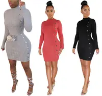 

80073 2019 winter clothing solid color long sleeve round neck button bodycon trendy pencil dress women mini dress party dress