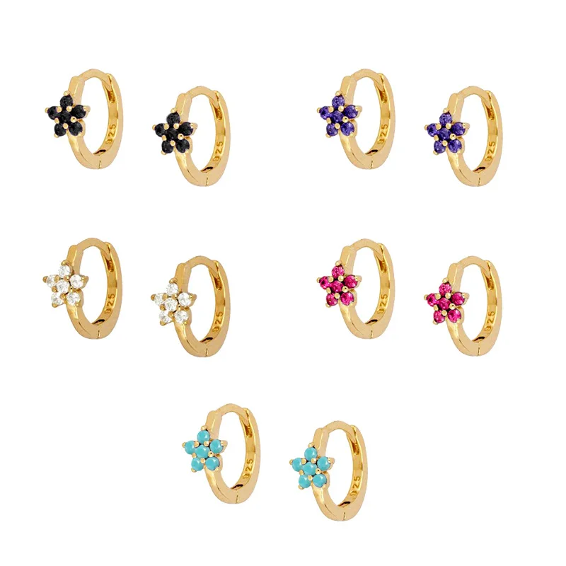 

QIANZUYIN Fashion 18k Gold Plating Stud Earrings 925 Sterling Silver Hoop Zircon Stud Earrings Color Flower Earrings For Women