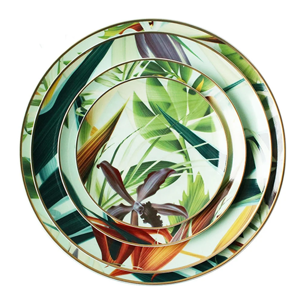 

Green Leaf Forest Pattern Bone China Plate Ceramic Tableware Household Healthy Plate Porcelain Western Pastry Dish Plate, As shown