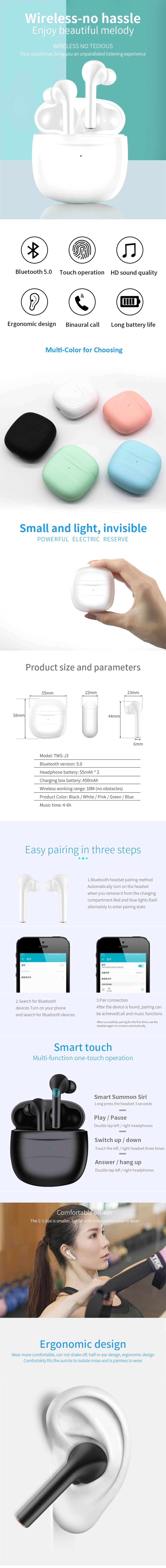 2019 Newest J3 Wireless Earphone 4hours Play Time Bluetooth Stereo Earphones Super Bass - ANKUX.COM
