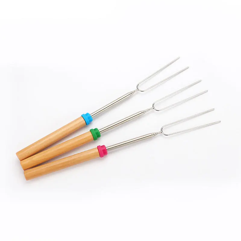 

Hot Selling BBQ Stainless Steel Skewers Marshmallow Roasting Sticks with Wooden Handle, Silver