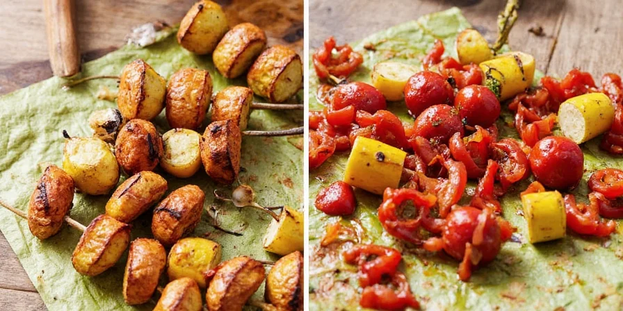 Veggie skewers sizzling on the grill