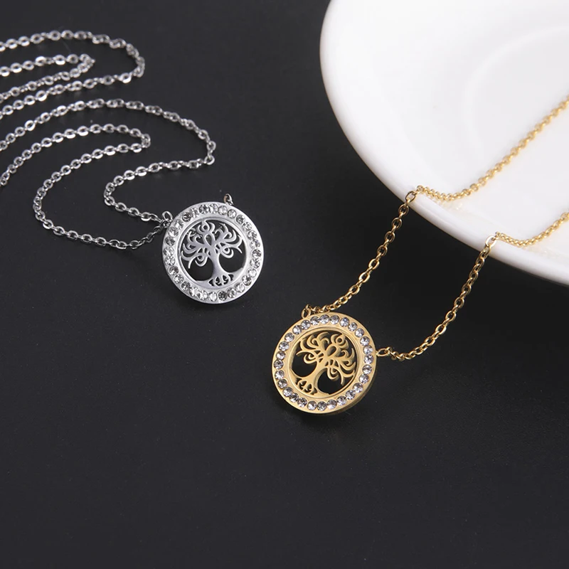 

2021 Clear Zircon Viking Tree of Life Charm Necklace Stainless Steel Gold Color Amulet Necklace Wrist Jewelry For Women, Steel color, gold