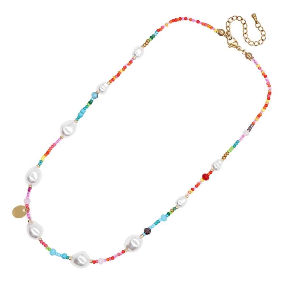 

Boho Style Pearl Imitation Miyuki Beads Wholesale Direct Factory Supply Rainbow Color No Fading Woman Necklace
