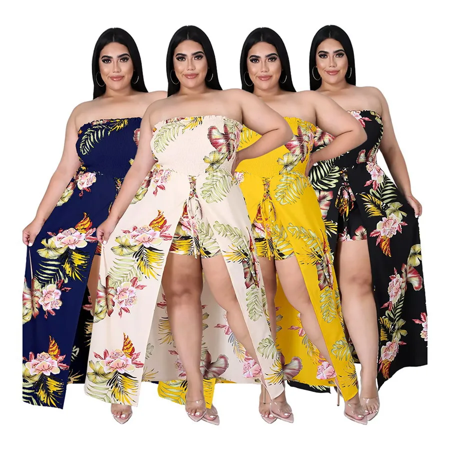 

Drop Shipping New Popular Summer 2021 Women Strapless Off Shoulder Floral Long Maxi Dress Plus Size 5Xl Sexy Slit Jumpsuit