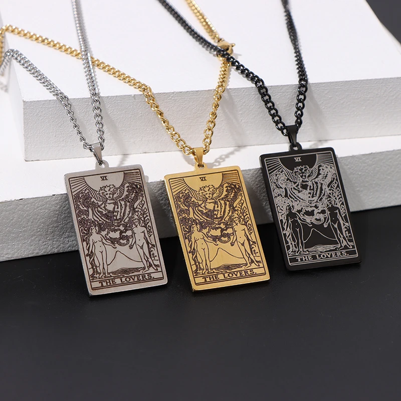 

2021 Hot Sell Tarot Esotericism Necklace Lucky Stainless Steel Jewelry Collar Bijoux En Aci Inoxyd Tarot Card Necklace, Gold