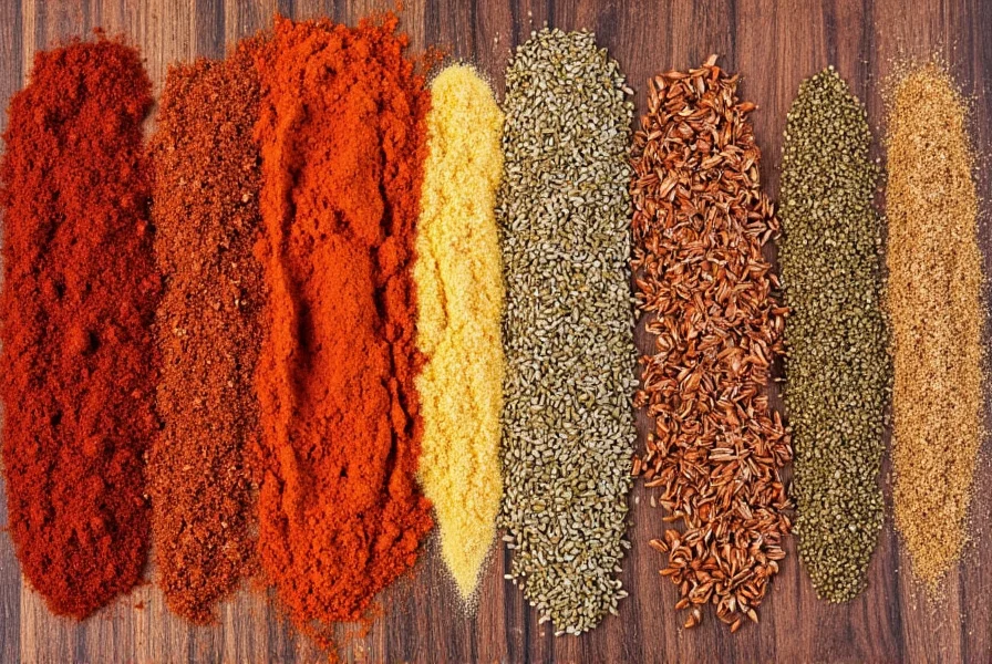 Chili powder, cumin seeds, and various spices arranged on wooden table for spice substitution comparison
