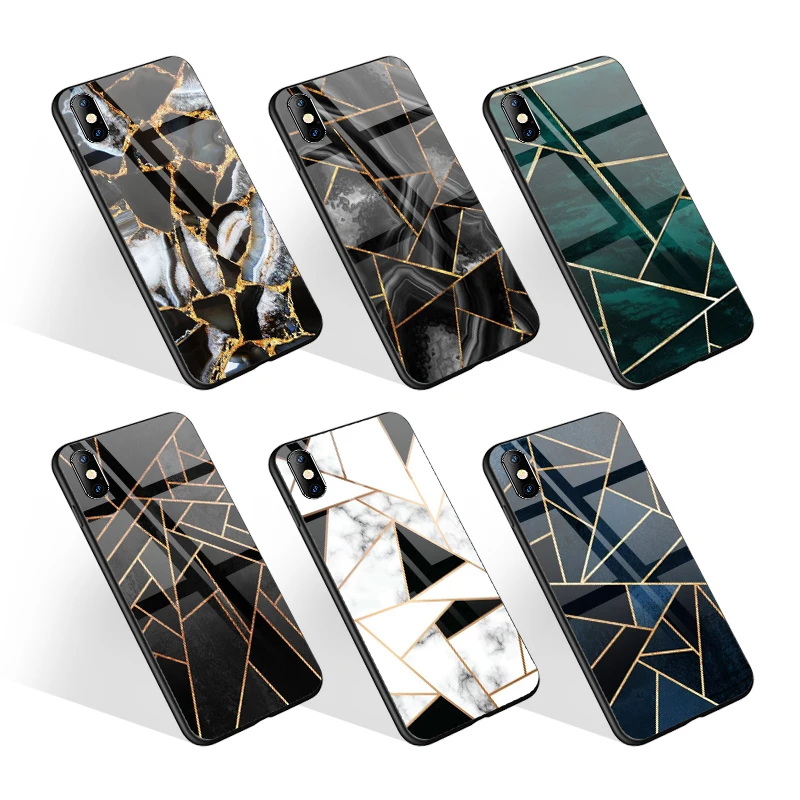 

Mosaic Marble Phone Case Print for iPhone 12 11 X XR 7 8 Cover;Glossy Glass Hard Back Cover for Redmi 8 Casing, Black