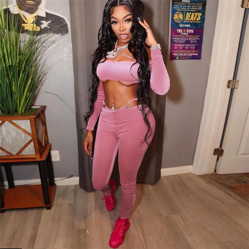 

Women Clothing Fashion Pure Color Sexy Crop Top Low Waist Velvet Pant Slim Two Piece Set