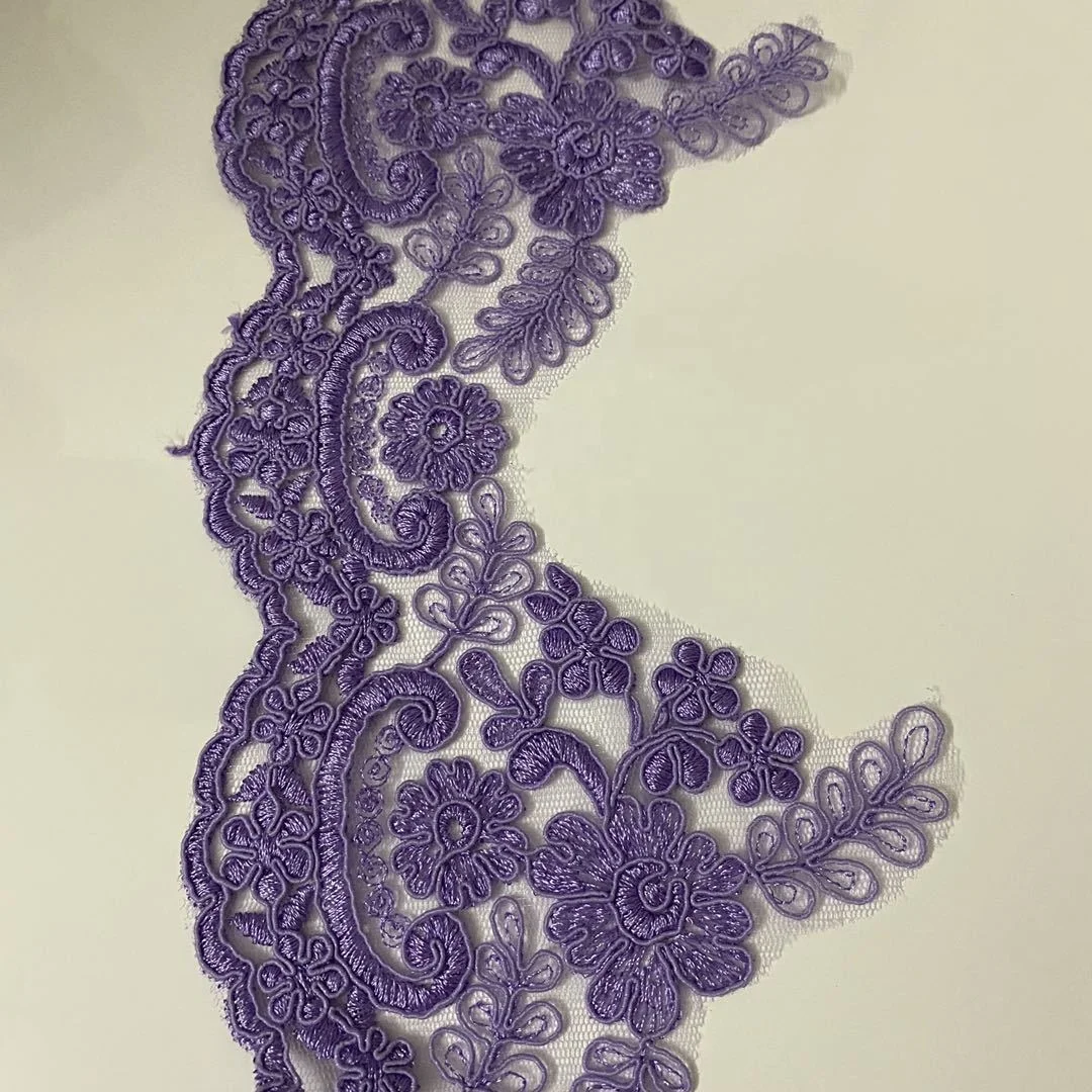 

Romantic flower violet bridal lace tulle mesh embroidered trim, As pictured