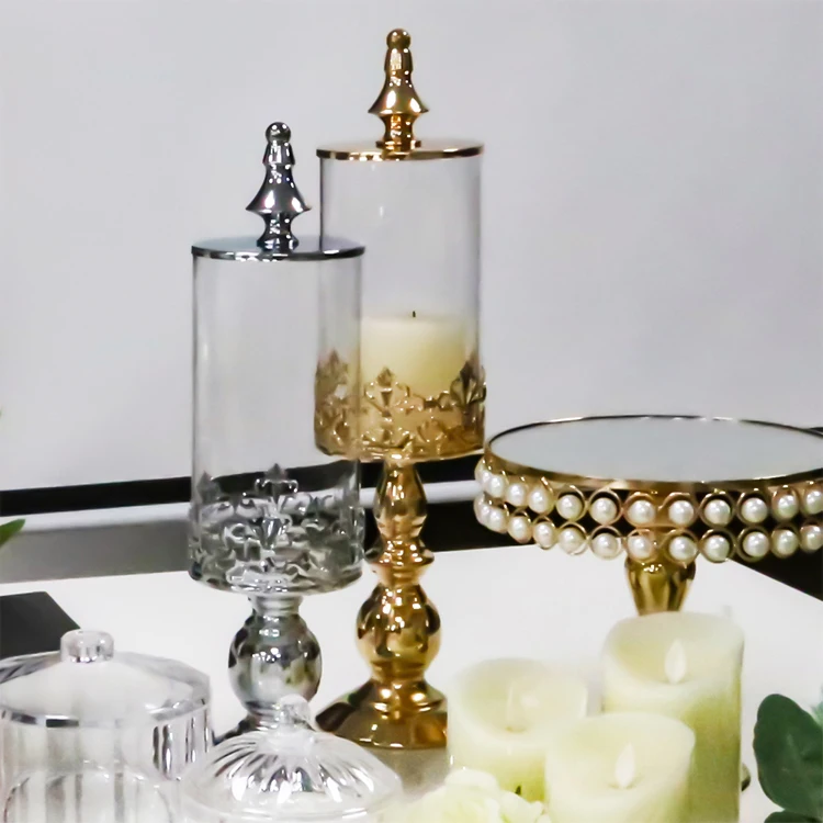 Retro Wedding Table Decoration Glass Candlestick Holders Tall Candle Stick Stand Gold Clear Glass Candle Holder with Lid