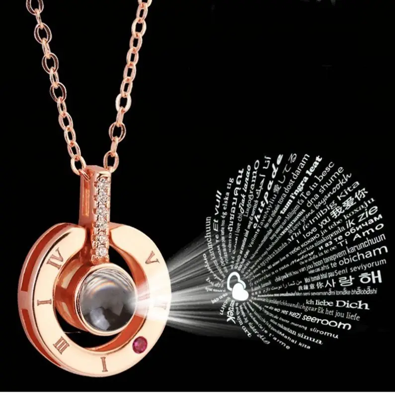 

Rose Gold Silver 100 Languages I Love You Statement Necklace Love Memory Pendant Jewelry Necklace, Rhodium/rose gold
