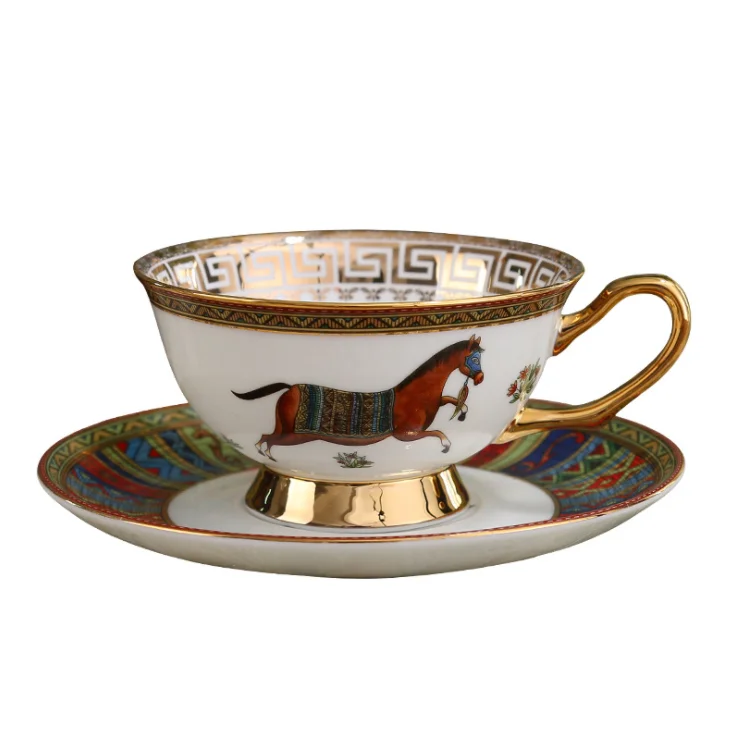 

High quality bone china horse gold handle tea cup saucer set porcelain coffee cups with gift box packing