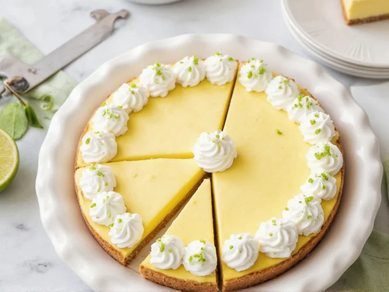 Sliced homemade key lime pie with whipped cream garnish