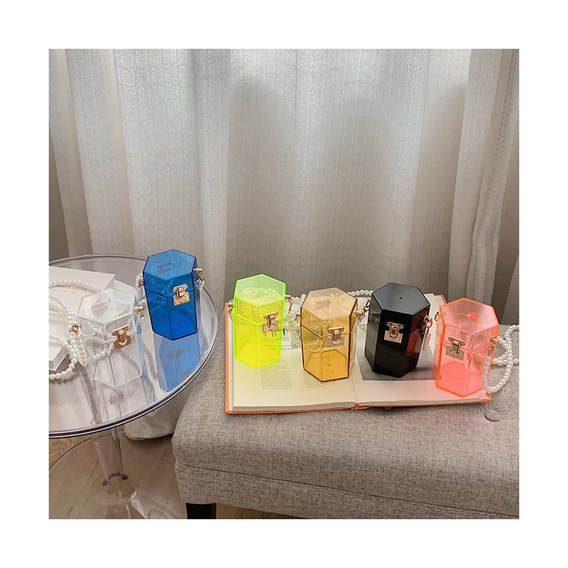 

Small Acrylic Bucket Bags Clear Hexagon Crossbody Bags Women Jelly Handbags Sac Simple Solid Color See Through Shoulder Bags