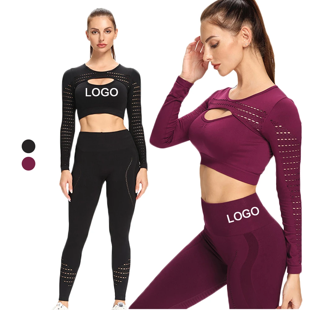 

2 Piece Ladies Seamless Sportswear Long Sleeve Gym crop Top High Waist Running Leggings Yoga Wear