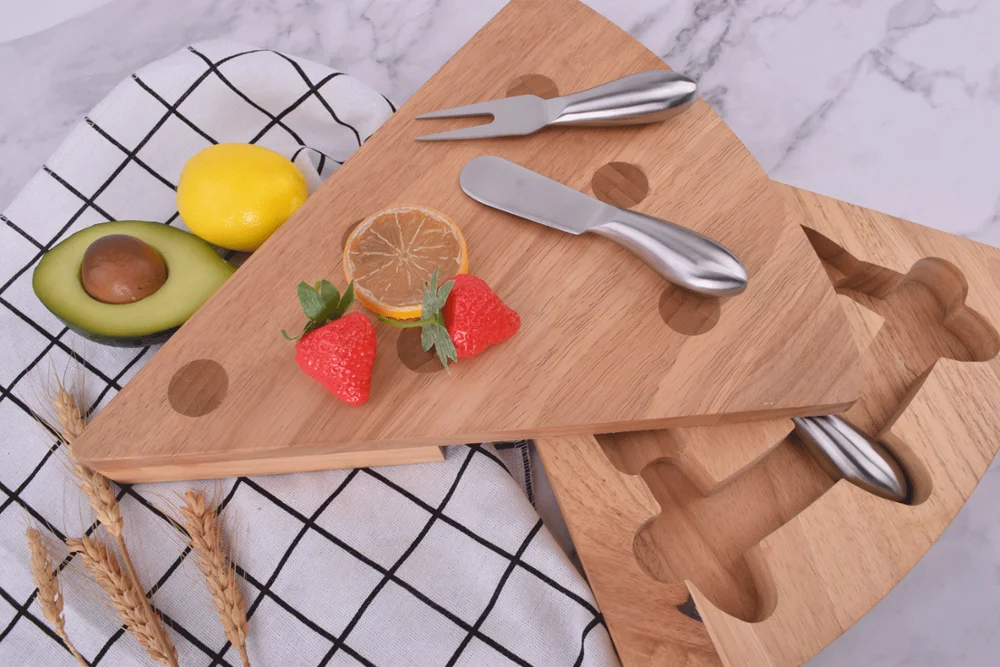 
Cheese Board 100% Natural Rubber wood With 3 Piece Cutlery Set Cheese Platter Hidden Cutlery Drawer 