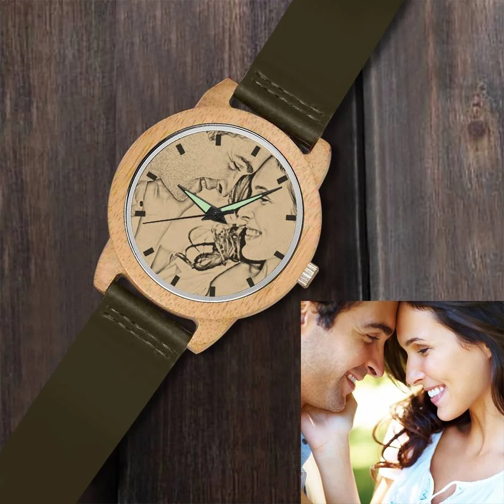 

45mm High Quality Watches Unique Men Luxury Dark Green Leather Strap Montre En Bois Custom Photo Bamboo Watch