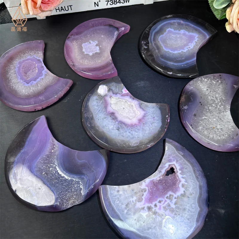 Kindfull Wholesale Crystal Gemstone Polished Stone Pink Agate Geode Moon Healing Druzy Crystal Moons for Decoration