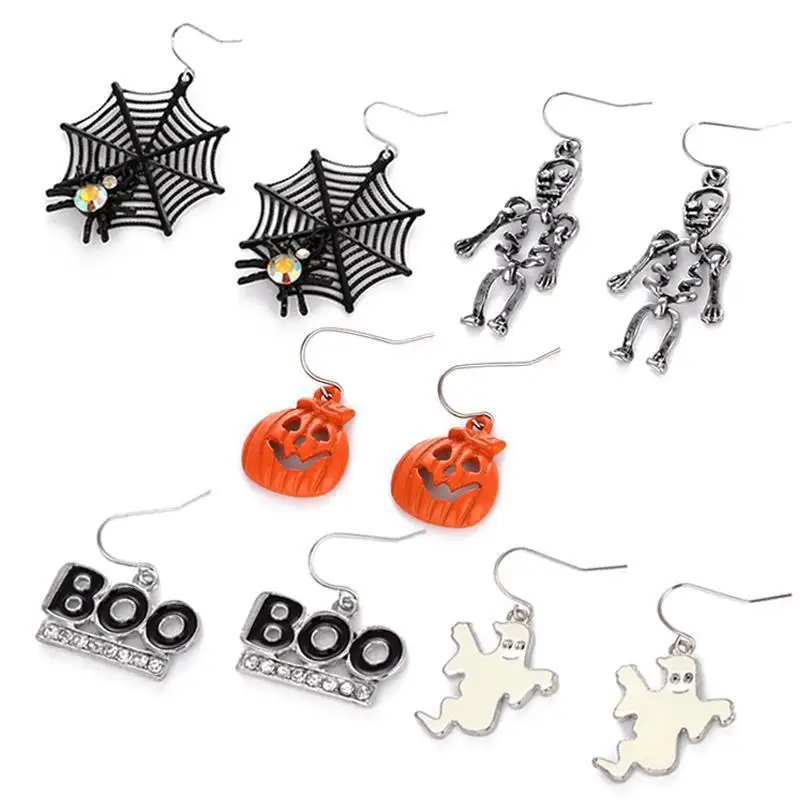 

Amazon Hot Sale Halloween Costume Party Jewelry Skeleton Pumpkin Earrings Black Spider Web Crystal Earrings for Women, Multicolor