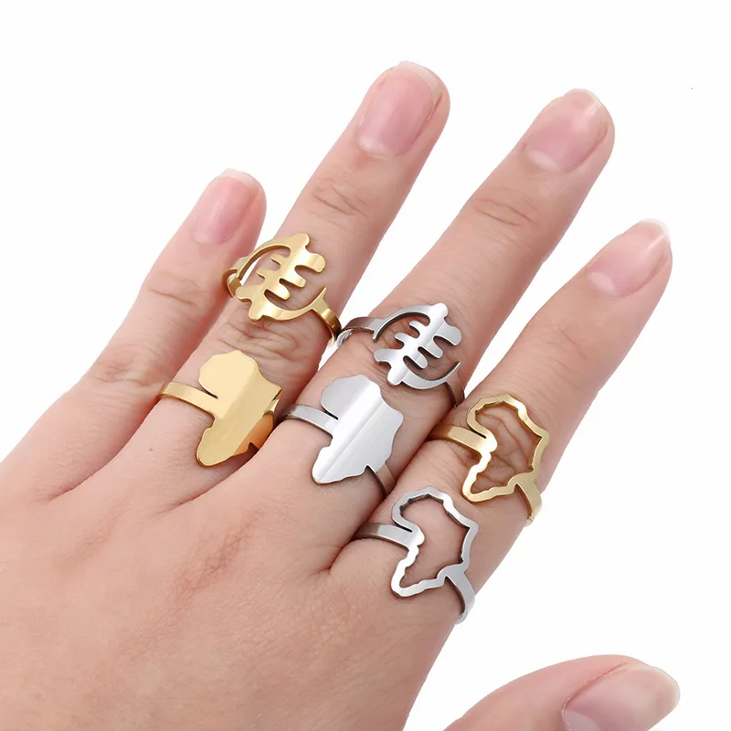 

Customize High Polished Stainless Steel Adjustable Country State Finger Ring Gold Plated Country Map Africa Rings, As picture show