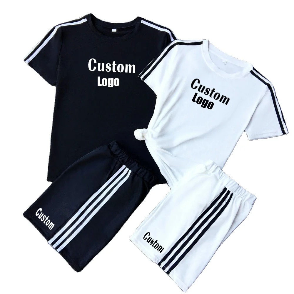 

2021 women T- shirt set with custom fashion brand logo men short set, White black