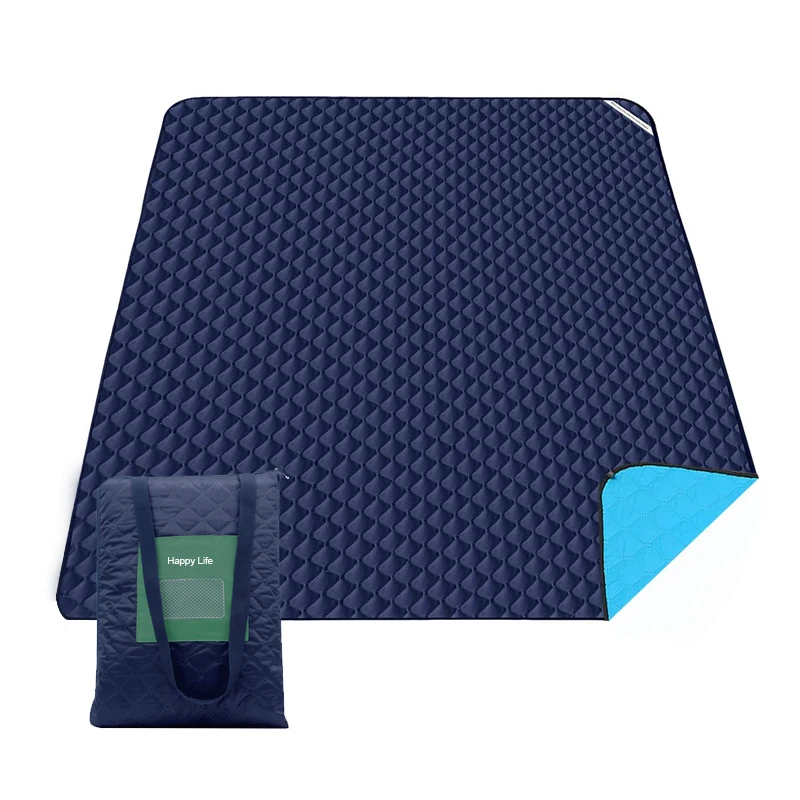 

Custom 3 Layer Outdoor Waterproof Foldable Large Beach Picnic Mat Blanket with Tote Bag, Dark blue + blue