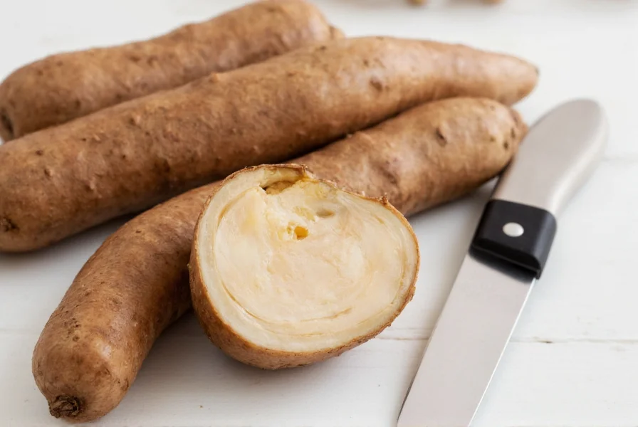 Fresh galangal rhizomes with brown skin and pale interior next to a knife showing cross-section