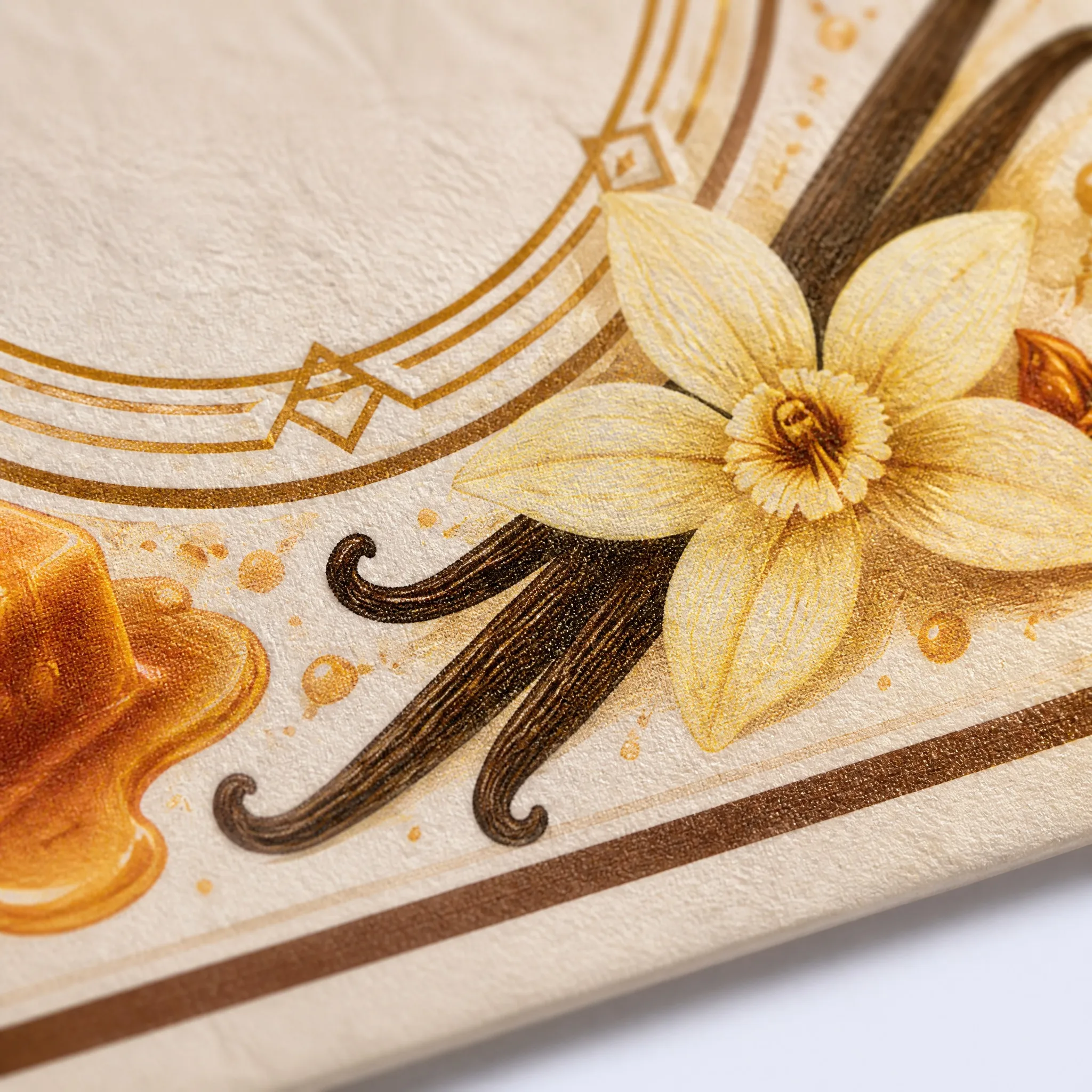 4K Macro Close-up of Vanilla Orchid Petals, Pod Texture, Caramel Fudge, and Bronze Foil Line