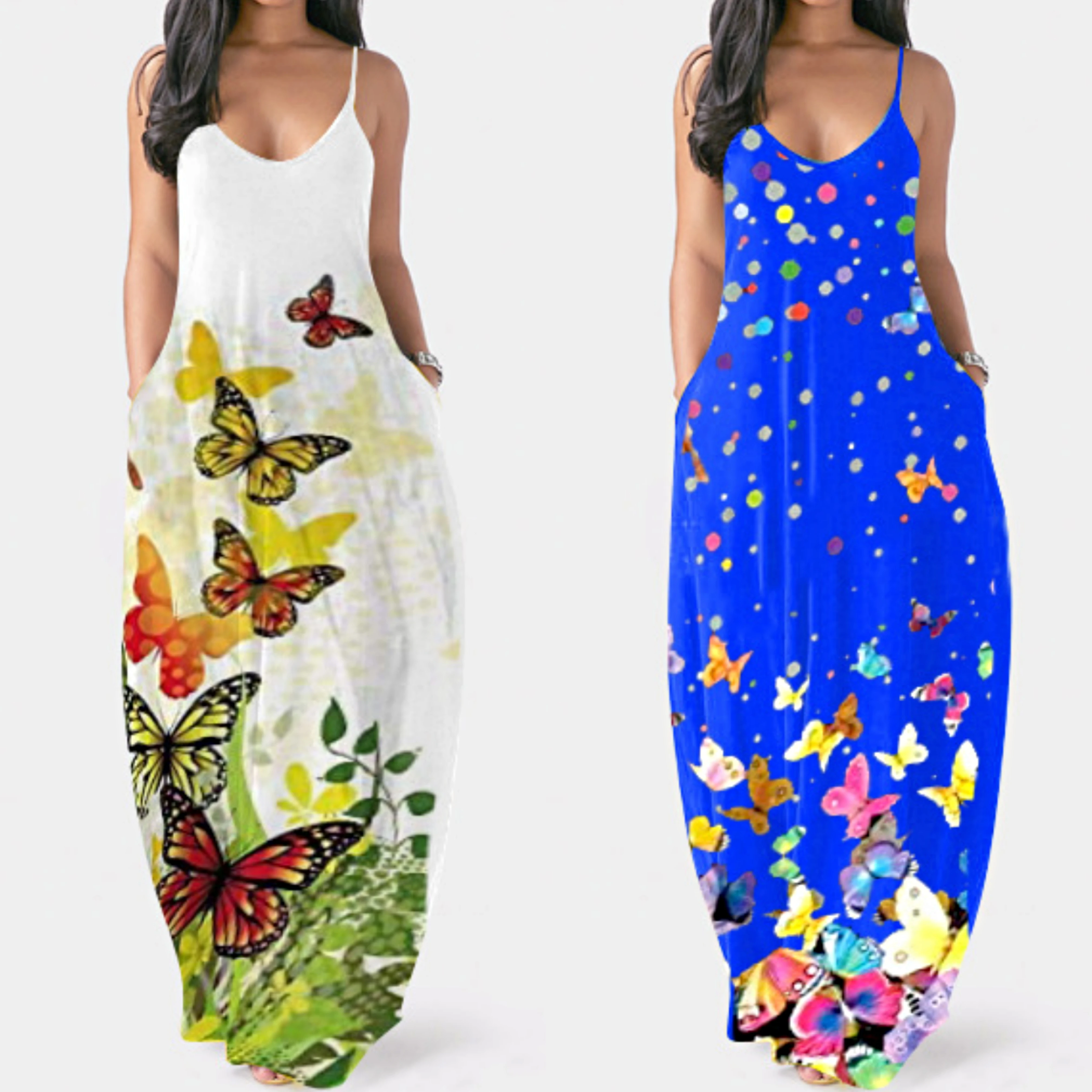 

Sexy New Arrival V Neck Butterfly Printed Sleeveless Backless Camisole Floor Length Dress Women Summer Casual Party Maxi Dresses, White,black,black/white,green,blue