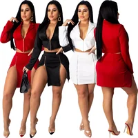 

casual clothing zipper skirt suit long sleeve women two piece set skirt