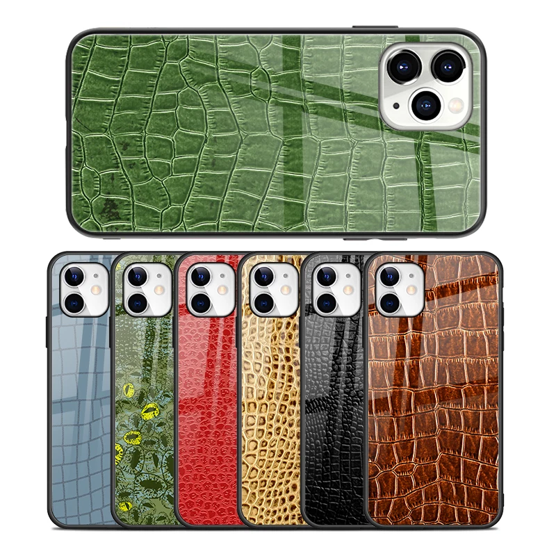 

Luxury Crocodile Leather Pattern Print Tempered Glass Phone Cases for iPhone 13 12 11 Glossy Hard Cover Casings, Multiple